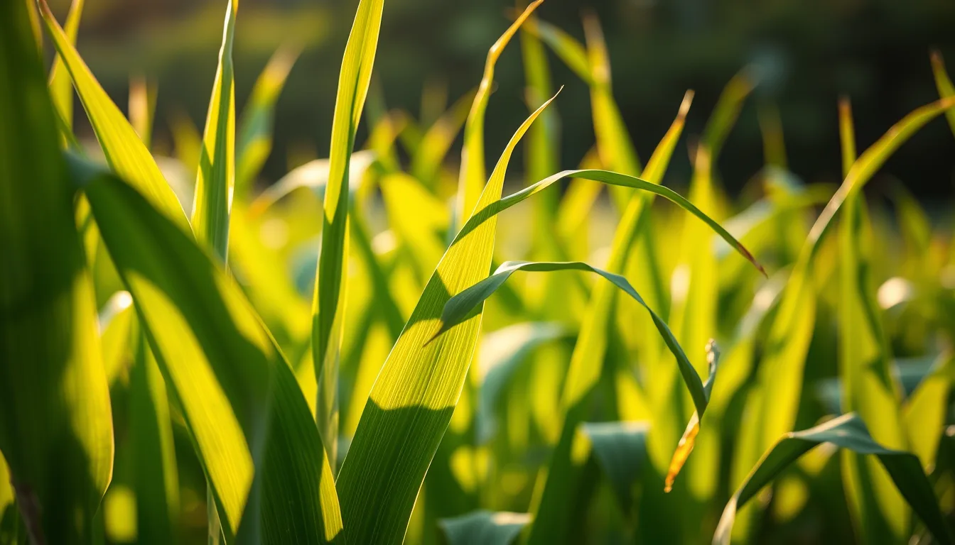 Backlit golden-hour corn leaves — the plant source of Rhizoform's PLA bioplastic
